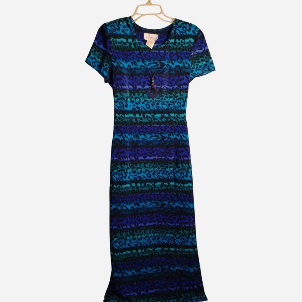 Vtg Blue & Teal Animal Print Maxi Dress - Size 10